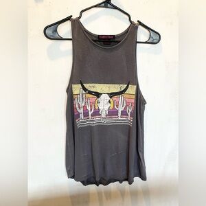 Woman’s dark grey Rock N Roll cowgirl cow head western design tank size S